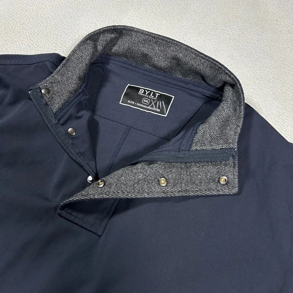 BYLT Elite Fairway Pullover Mens XXL Navy Blue‎ Snap Neck Herringbone Trim